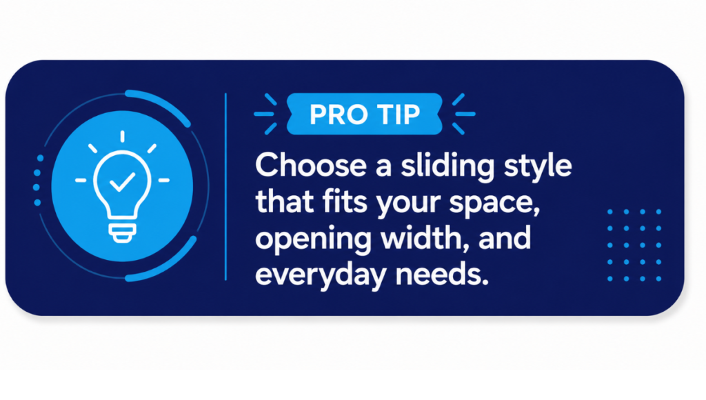 Choose a sliding style that fits your space, opening width, and everyday needs